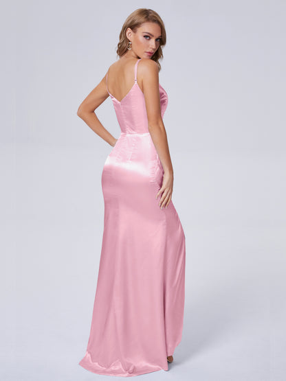 Makayla Simple Split Soft Satin Long Bridesmaid Dresses