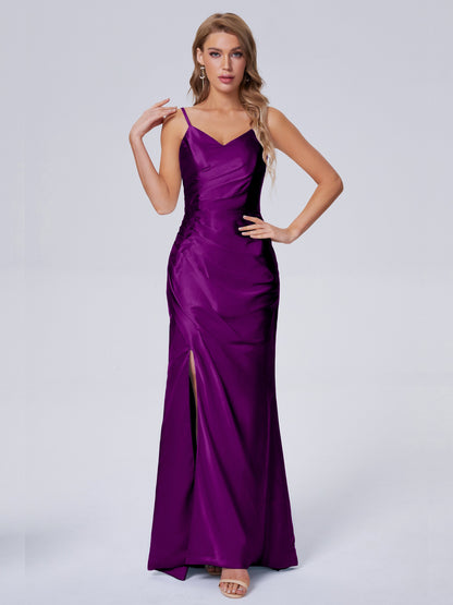 Makayla Simple Split Soft Satin Long Bridesmaid Dresses