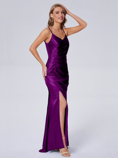 Makayla Simple Split Soft Satin Long Bridesmaid Dresses