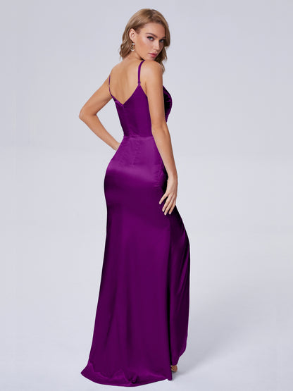 Makayla Simple Split Soft Satin Long Bridesmaid Dresses