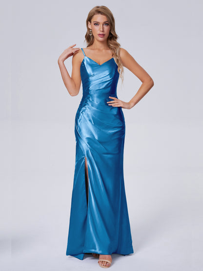 Makayla Simple Split Soft Satin Long Bridesmaid Dresses