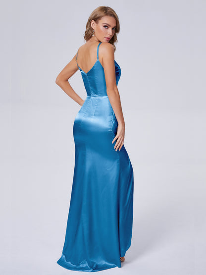 Makayla Simple Split Soft Satin Long Bridesmaid Dresses