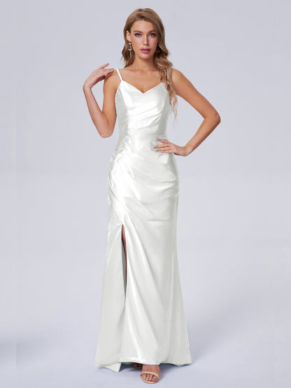 Makayla Simple Split Soft Satin Long Bridesmaid Dresses