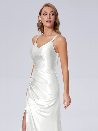 Makayla Simple Split Soft Satin Long Bridesmaid Dresses