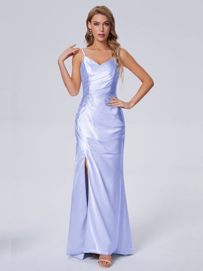 Makayla Simple Split Soft Satin Long Bridesmaid Dresses