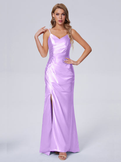 Makayla Simple Split Soft Satin Long Bridesmaid Dresses