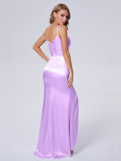 Makayla Simple Split Soft Satin Long Bridesmaid Dresses