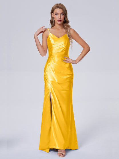 Makayla Simple Split Soft Satin Long Bridesmaid Dresses