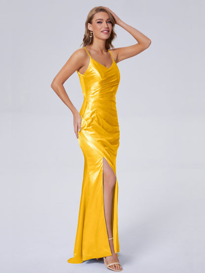 Makayla Simple Split Soft Satin Long Bridesmaid Dresses