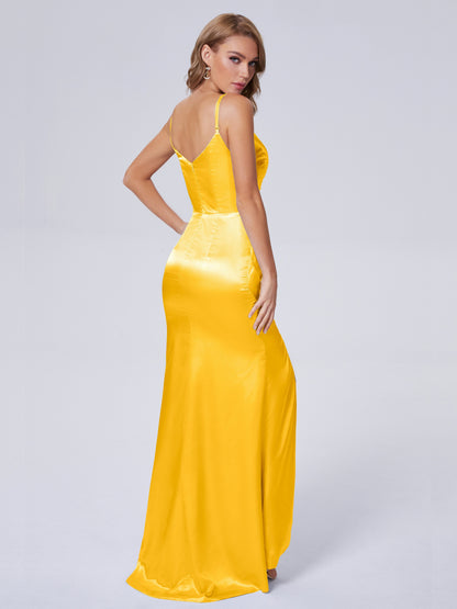 Makayla Simple Split Soft Satin Long Bridesmaid Dresses