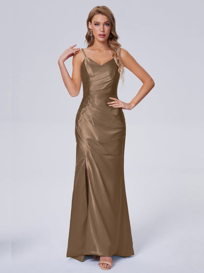 Makayla Simple Split Soft Satin Long Bridesmaid Dresses