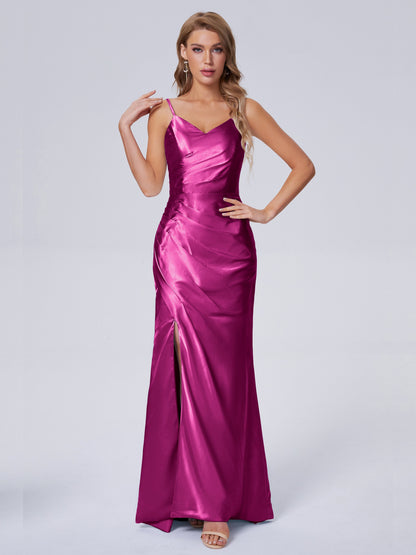 Makayla Simple Split Soft Satin Long Bridesmaid Dresses