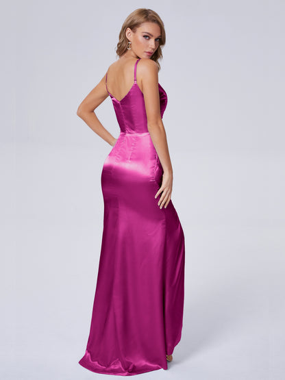 Makayla Simple Split Soft Satin Long Bridesmaid Dresses