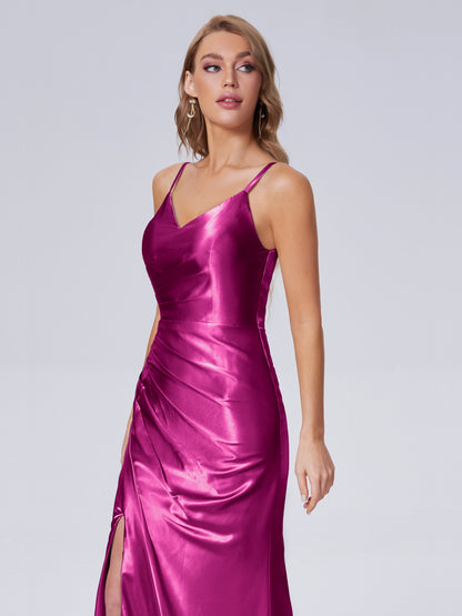 Makayla Simple Split Soft Satin Long Bridesmaid Dresses