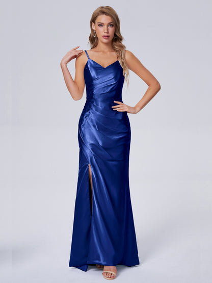 Makayla Simple Split Soft Satin Long Bridesmaid Dresses