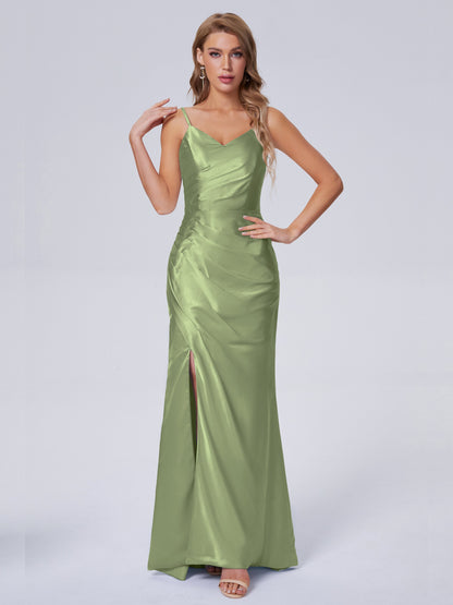 Makayla Simple Split Soft Satin Long Bridesmaid Dresses