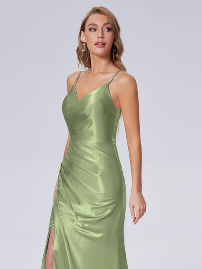 Makayla Simple Split Soft Satin Long Bridesmaid Dresses