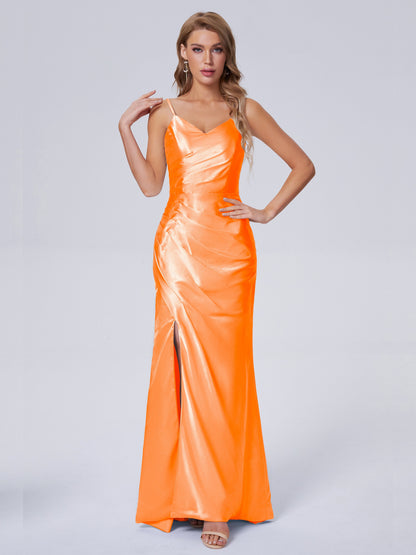 Makayla Simple Split Soft Satin Long Bridesmaid Dresses