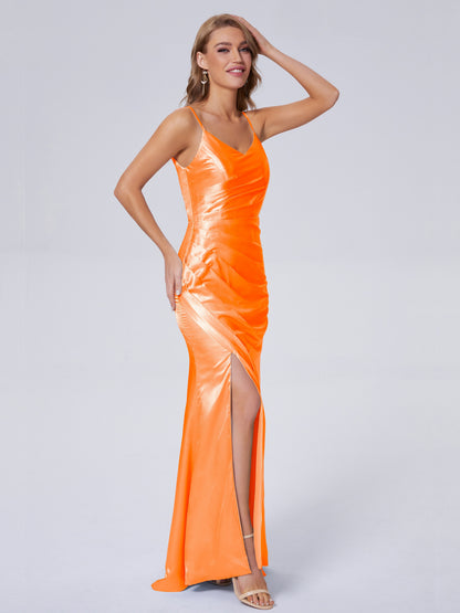 Makayla Simple Split Soft Satin Long Bridesmaid Dresses
