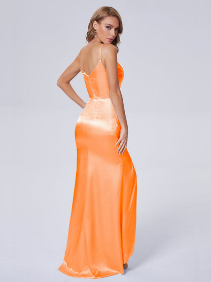 Makayla Simple Split Soft Satin Long Bridesmaid Dresses