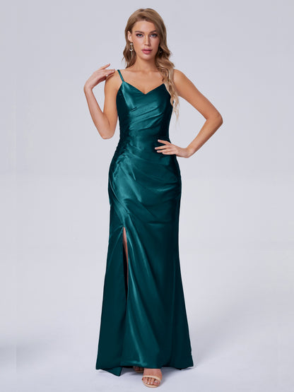 Makayla Simple Split Soft Satin Long Bridesmaid Dresses