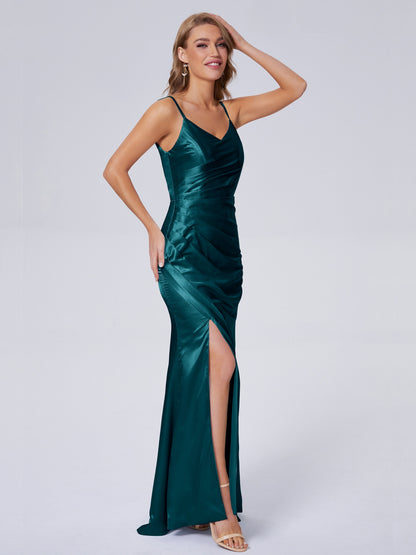 Makayla Simple Split Soft Satin Long Bridesmaid Dresses