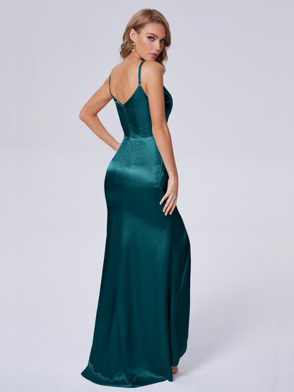 Makayla Simple Split Soft Satin Long Bridesmaid Dresses