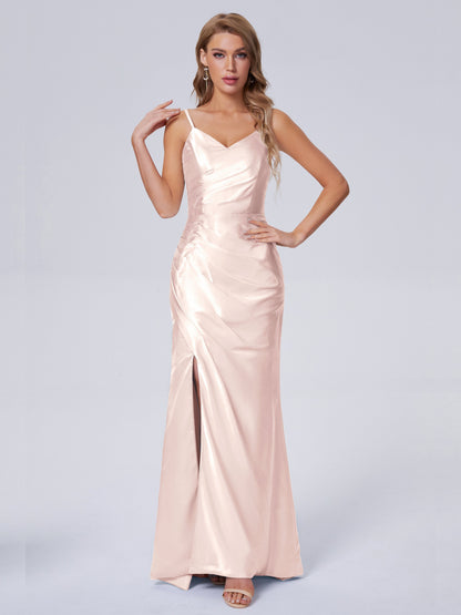 Makayla Simple Split Soft Satin Long Bridesmaid Dresses