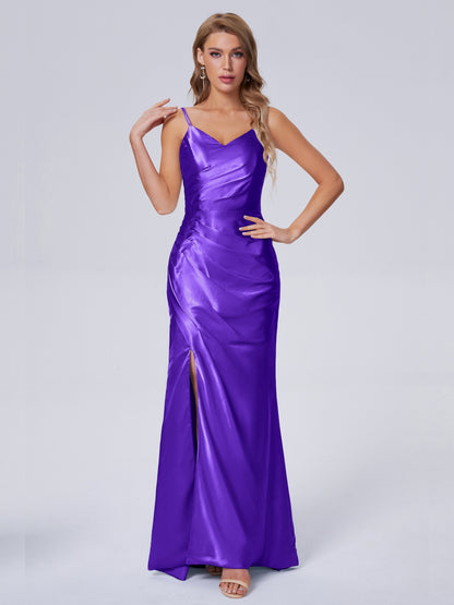 Makayla Simple Split Soft Satin Long Bridesmaid Dresses