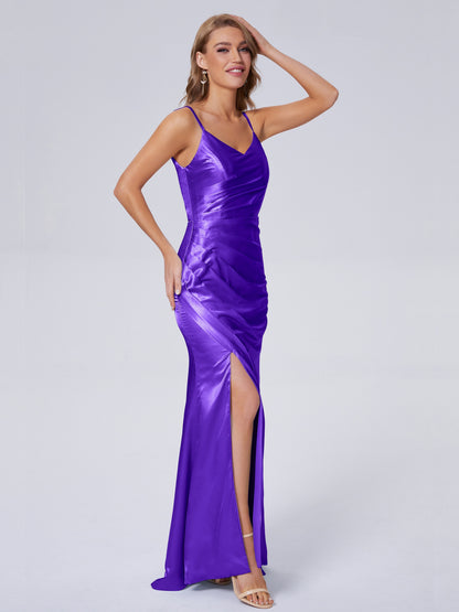 Makayla Simple Split Soft Satin Long Bridesmaid Dresses