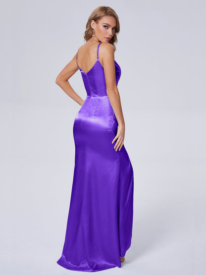 Makayla Simple Split Soft Satin Long Bridesmaid Dresses