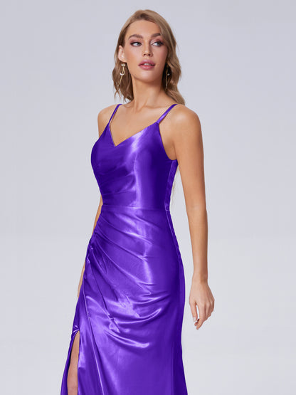 Makayla Simple Split Soft Satin Long Bridesmaid Dresses