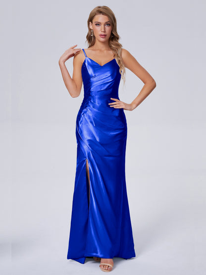 Makayla Simple Split Soft Satin Long Bridesmaid Dresses