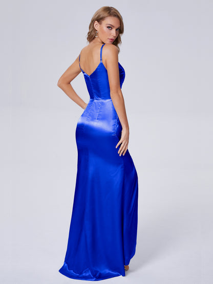 Makayla Simple Split Soft Satin Long Bridesmaid Dresses