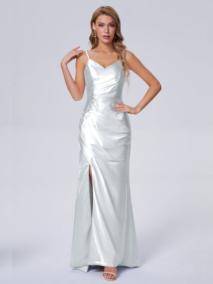 Makayla Simple Split Soft Satin Long Bridesmaid Dresses