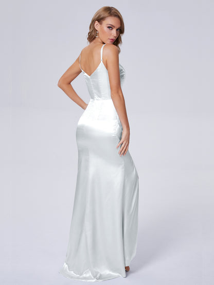 Makayla Simple Split Soft Satin Long Bridesmaid Dresses
