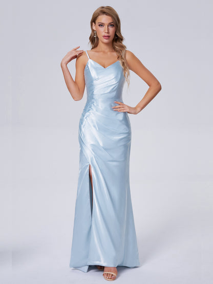 Makayla Simple Split Soft Satin Long Bridesmaid Dresses