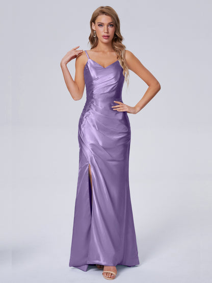 Makayla Simple Split Soft Satin Long Bridesmaid Dresses