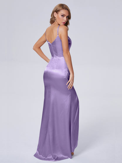 Makayla Simple Split Soft Satin Long Bridesmaid Dresses