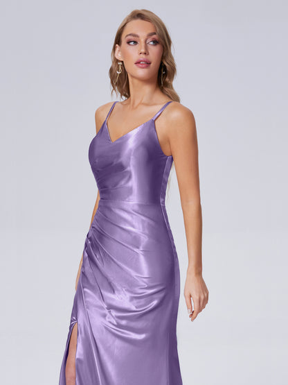 Makayla Simple Split Soft Satin Long Bridesmaid Dresses