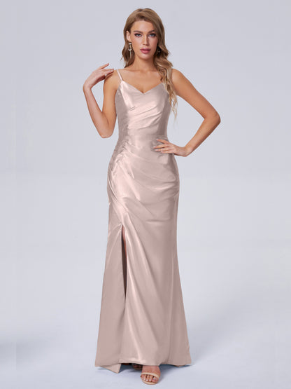 Makayla Simple Split Soft Satin Long Bridesmaid Dresses