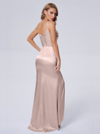 Makayla Simple Split Soft Satin Long Bridesmaid Dresses