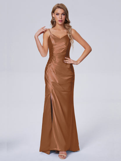 Makayla Simple Split Soft Satin Long Bridesmaid Dresses