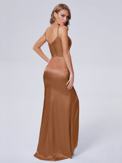 Makayla Simple Split Soft Satin Long Bridesmaid Dresses