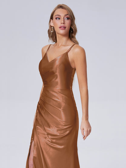 Makayla Simple Split Soft Satin Long Bridesmaid Dresses