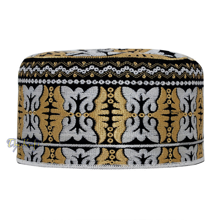 Muslim Omani Kufi Hat Black Golden-Brown White Butterfly Motif 4-inch Islamic African Yemeni Kenyan Topi