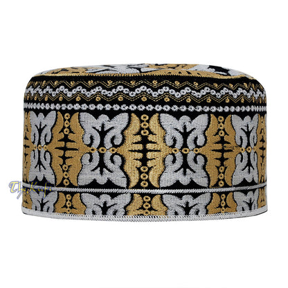 Muslim Omani Kufi Hat Black Golden-Brown White Butterfly Motif 4-inch Islamic African Yemeni Kenyan Topi
