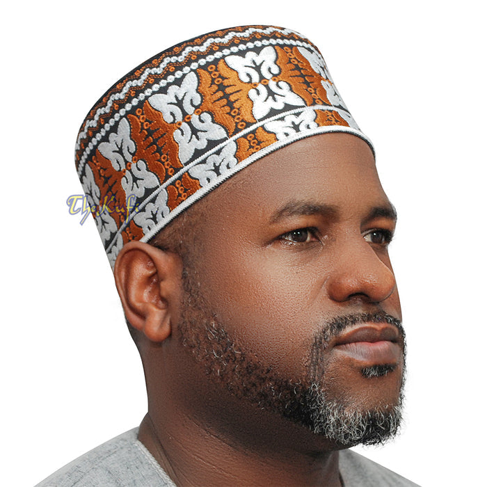 Muslim Omani Kufi Hat Rust-Brown Black White Butterfly Motif 4-inch Islamic African Yemeni Kenyan Tupi