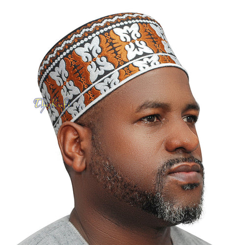 Muslim Omani Kufi Hat Rust-Brown Black White Butterfly Motif 4-inch Islamic African Yemeni Kenyan Tupi
