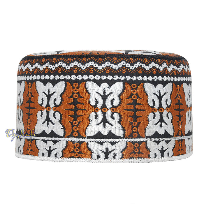 Muslim Omani Kufi Hat Rust-Brown Black White Butterfly Motif 4-inch Islamic African Yemeni Kenyan Tupi